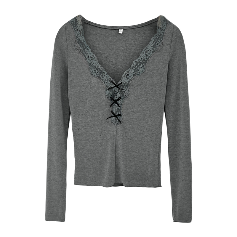 V-neck slim bow tops spring lace T-shirt for women