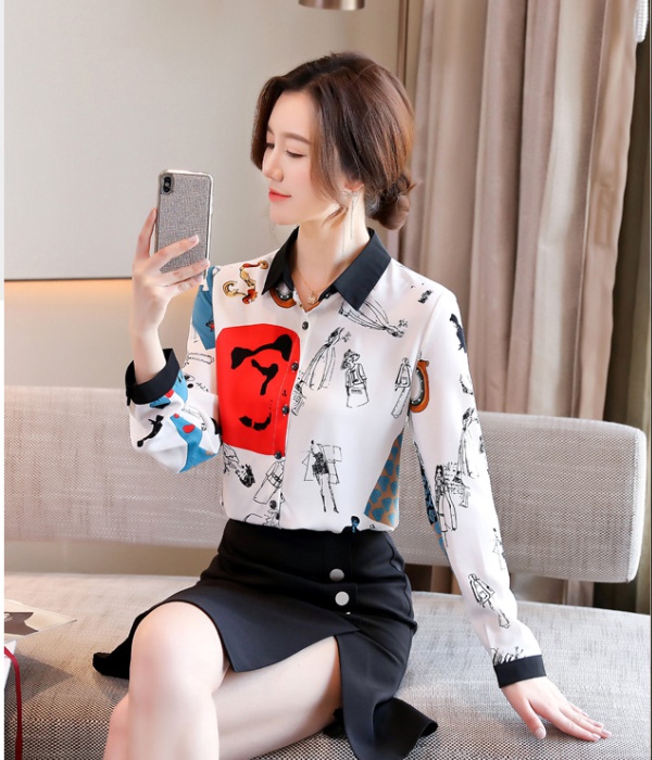 Printing autumn retro tops all-match niche shirt for women