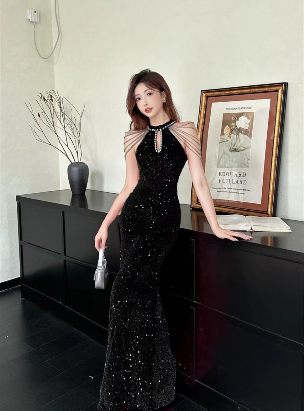 Pinched waist velvet formal dress annual meeting dress