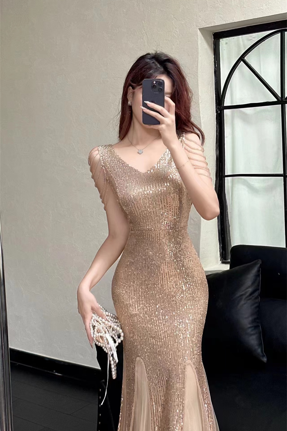 Tight package hip long dress perspective formal dress