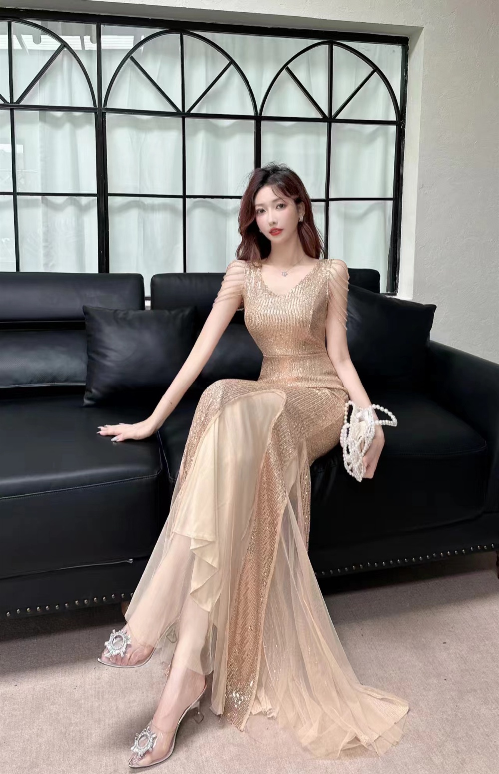 Tight package hip long dress perspective formal dress