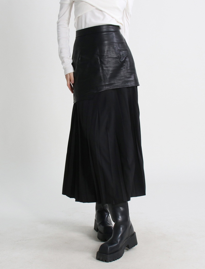 Spring and autumn leather skirt crimp skirt for women