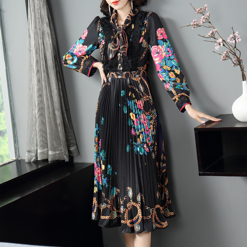 Elegant pleated temperament printing autumn slim dress