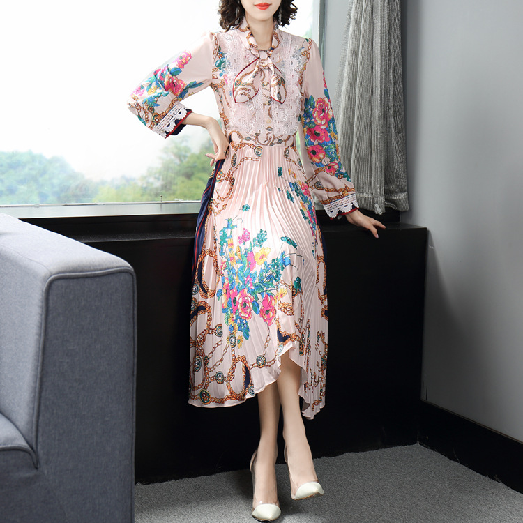 Elegant pleated temperament printing autumn slim dress