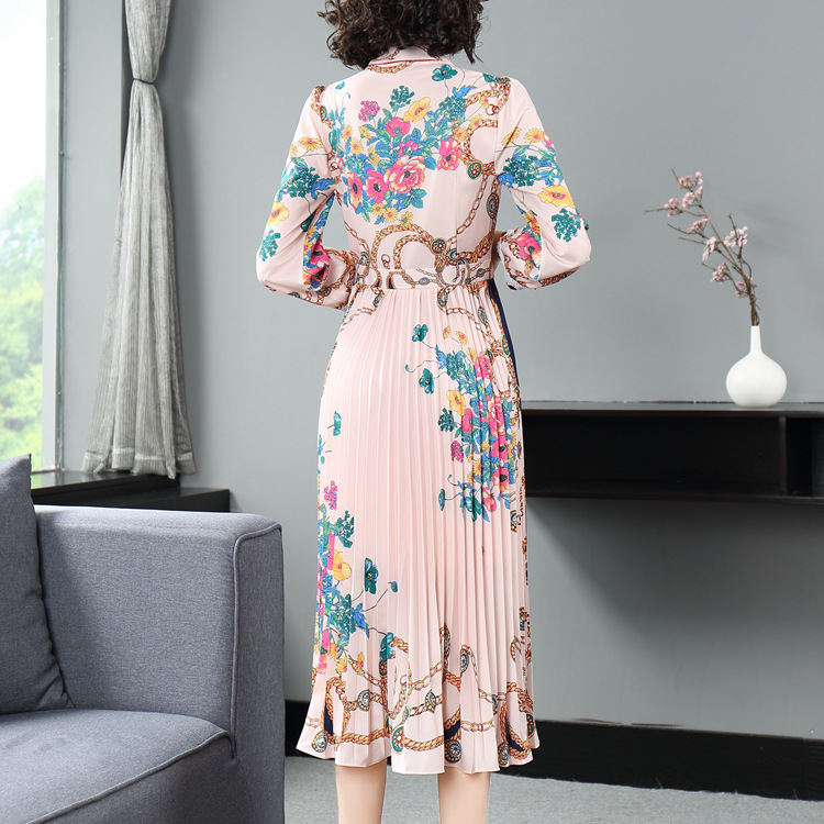 Elegant pleated temperament printing autumn slim dress