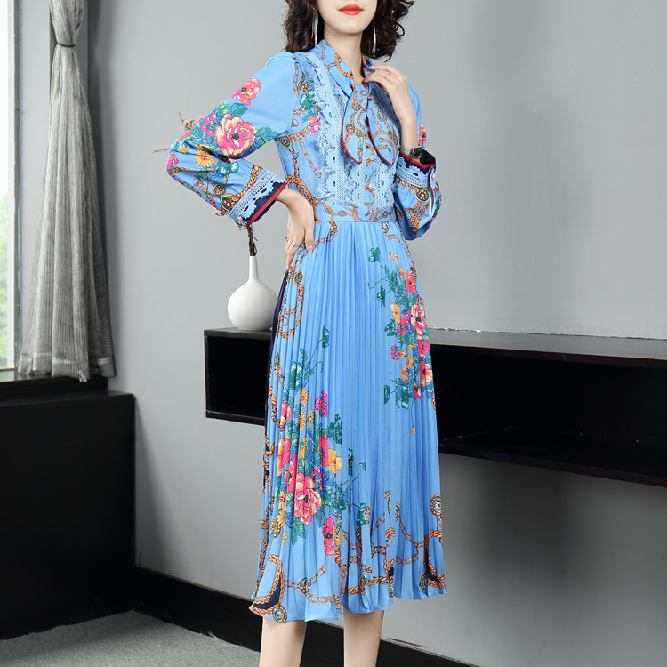 Elegant pleated temperament printing autumn slim dress