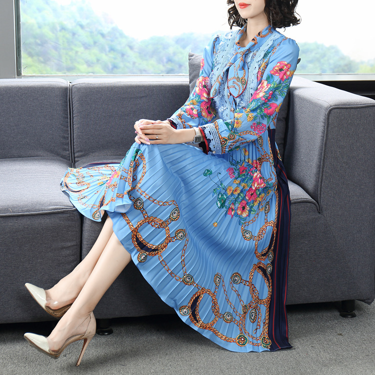 Elegant pleated temperament printing autumn slim dress