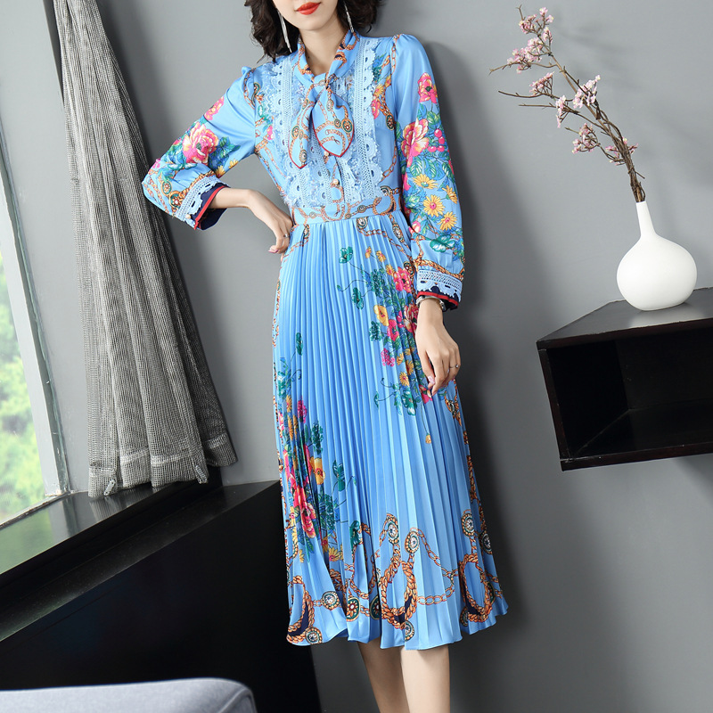 Elegant pleated temperament printing autumn slim dress