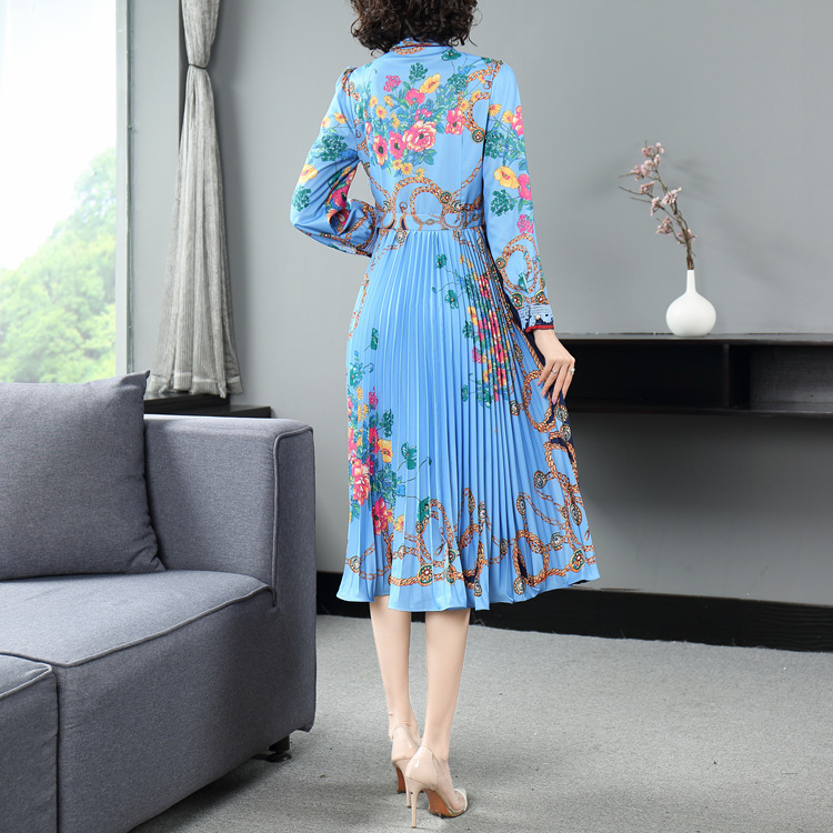 Elegant pleated temperament printing autumn slim dress