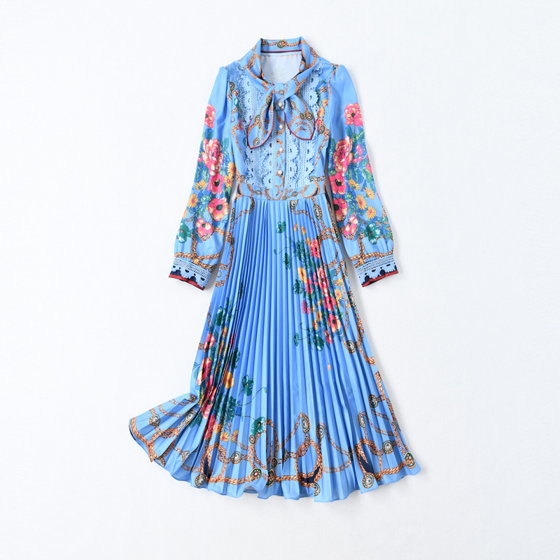 Elegant pleated temperament printing autumn slim dress