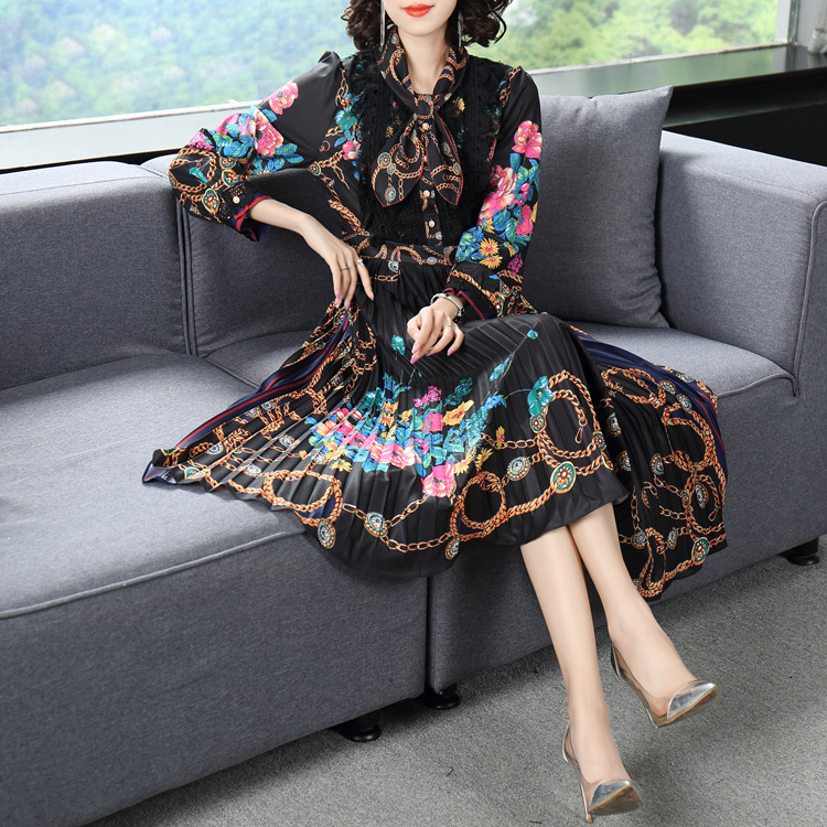 Elegant pleated temperament printing autumn slim dress