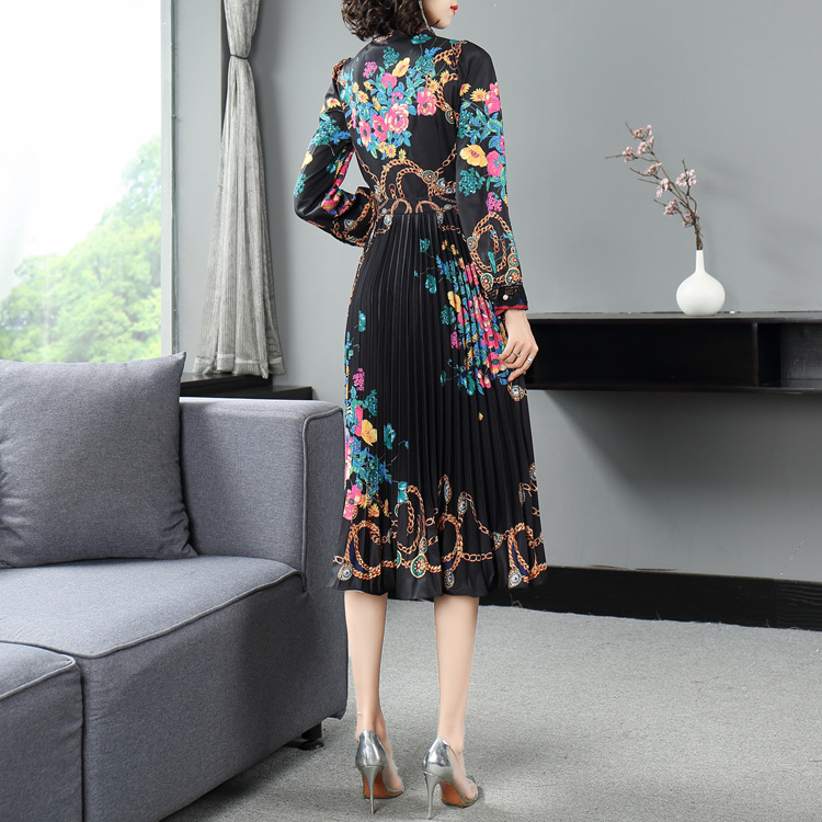 Elegant pleated temperament printing autumn slim dress