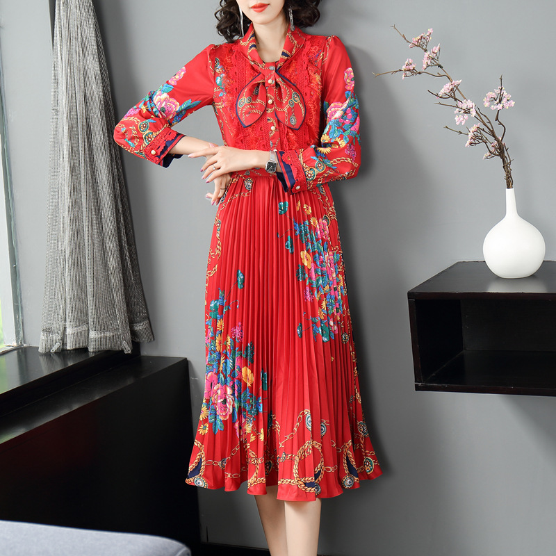 Elegant pleated temperament printing autumn slim dress