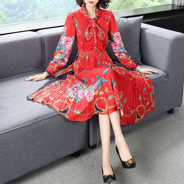 Elegant pleated temperament printing autumn slim dress