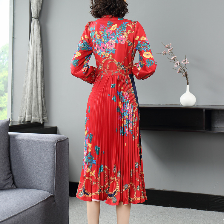 Elegant pleated temperament printing autumn slim dress