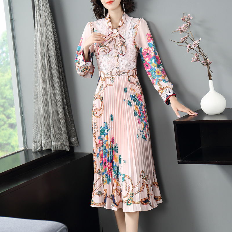 Elegant pleated temperament printing autumn slim dress