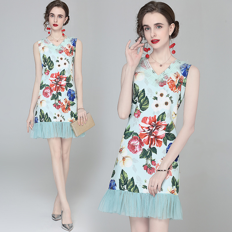 Sleeveless ladies temperament fashion printing dress