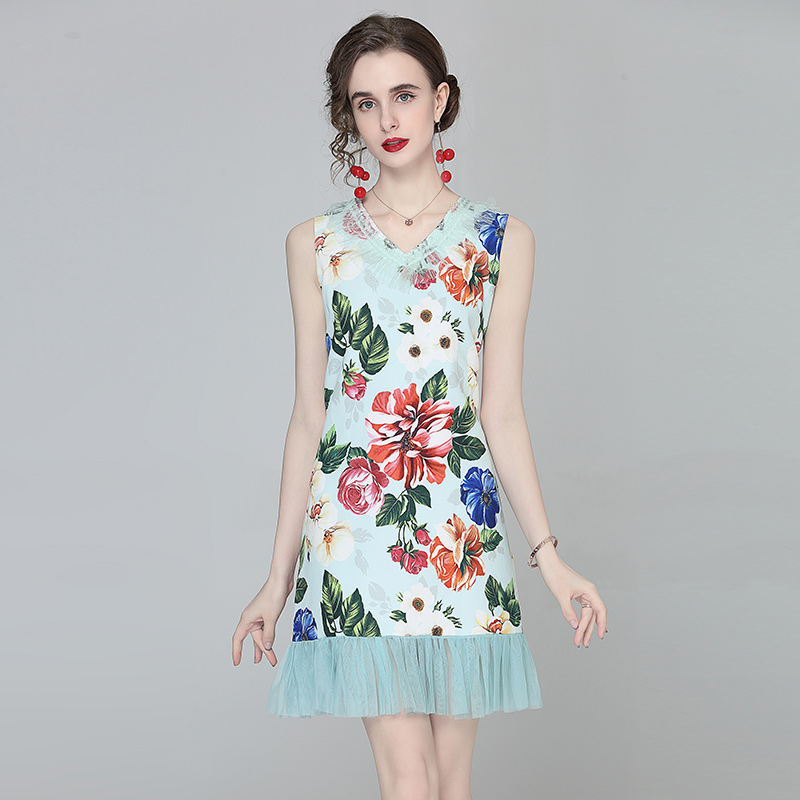 Sleeveless ladies temperament fashion printing dress