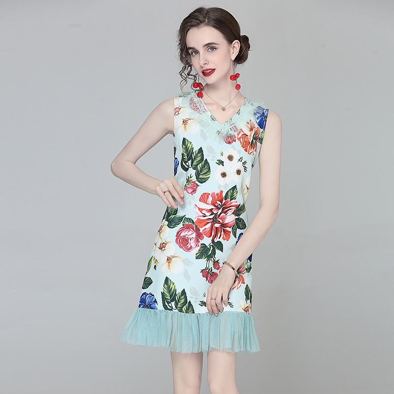 Sleeveless ladies temperament fashion printing dress