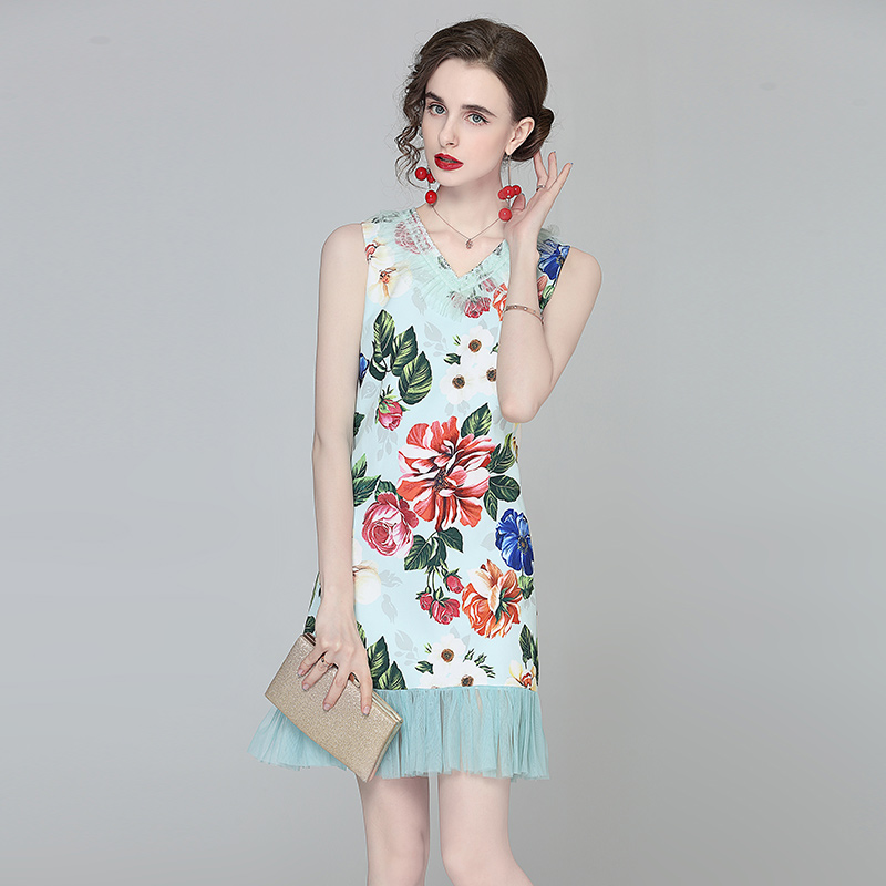 Sleeveless ladies temperament fashion printing dress