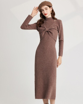 Half high collar bottoming sweater bow dress 2pcs set