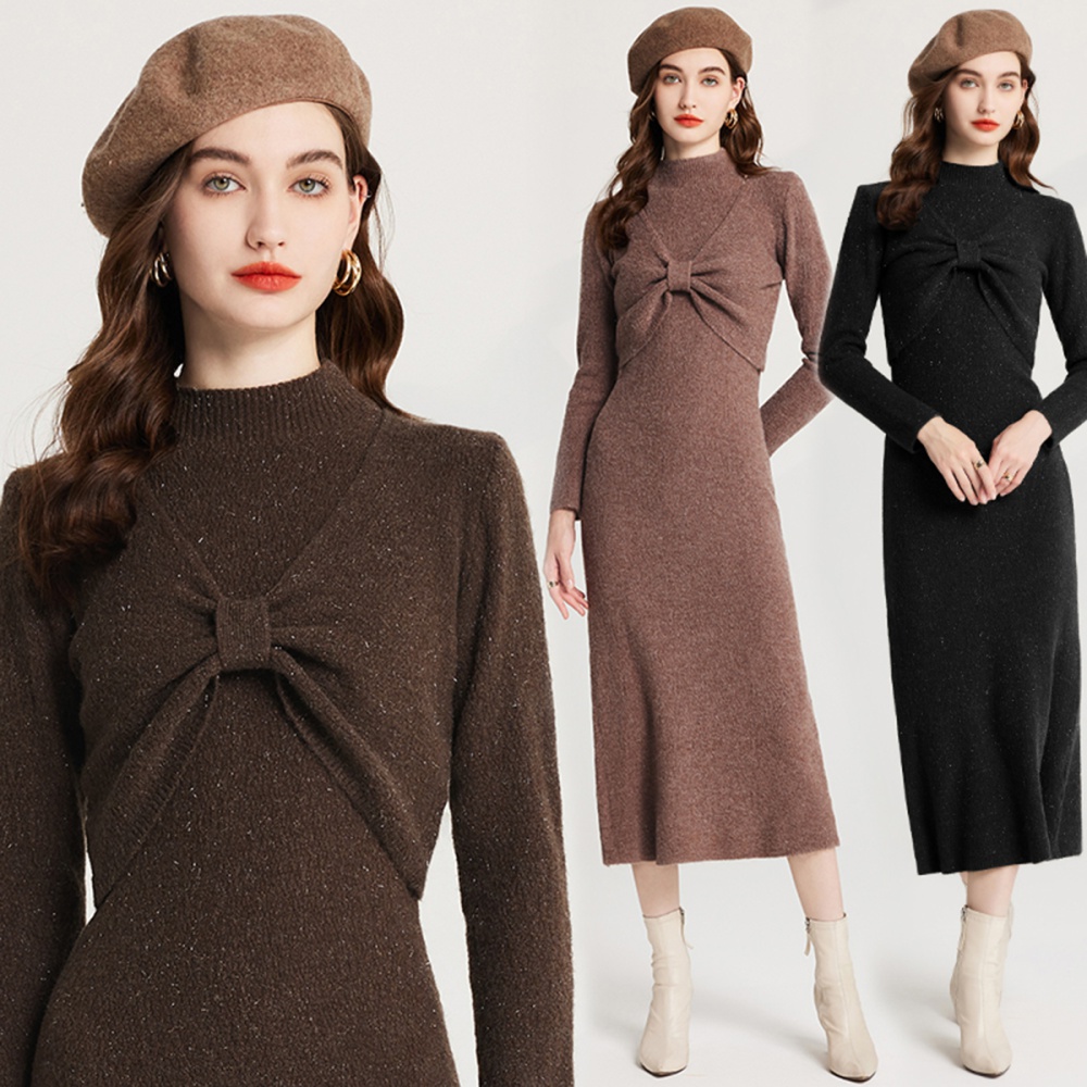 Half high collar bottoming sweater bow dress 2pcs set