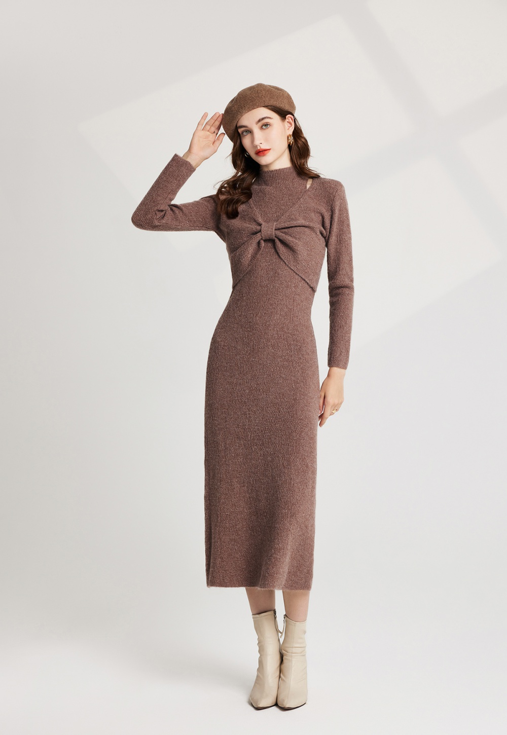 Half high collar bottoming sweater bow dress 2pcs set