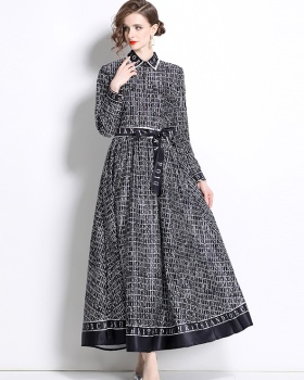 All-match pinched waist European style printing dress