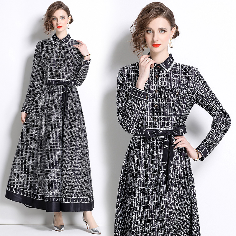 All-match pinched waist European style printing dress