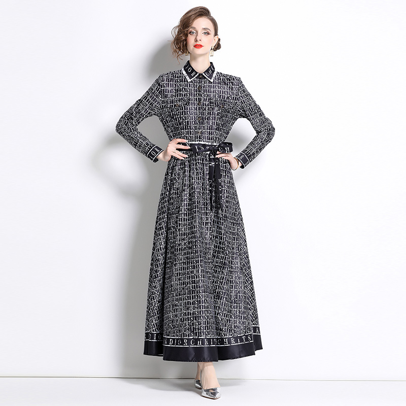 All-match pinched waist European style printing dress