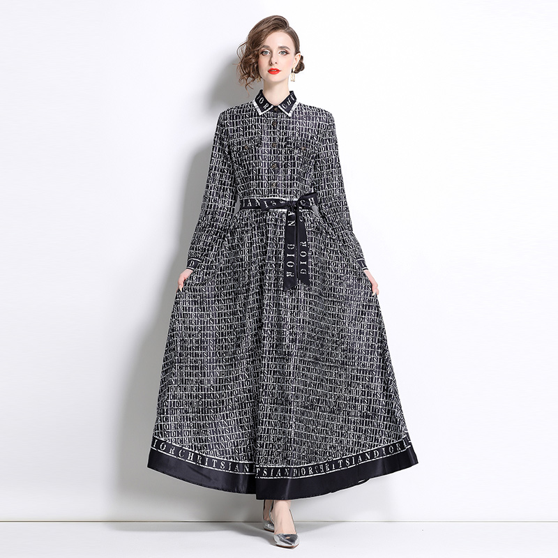 All-match pinched waist European style printing dress