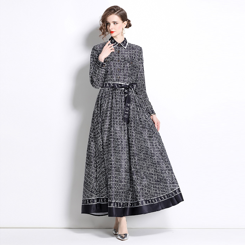 All-match pinched waist European style printing dress