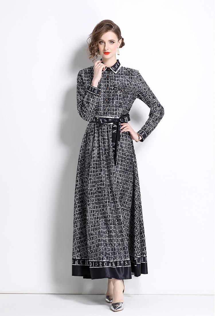 All-match pinched waist European style printing dress