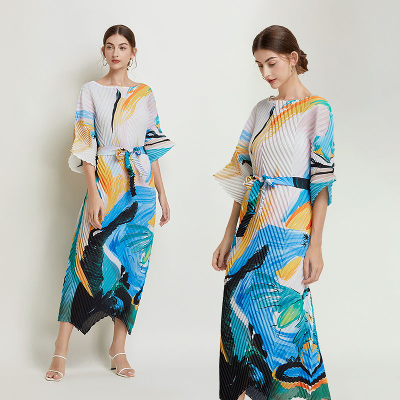 Temperament fold dress printing summer long dress