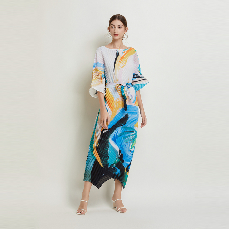 Temperament fold dress printing summer long dress