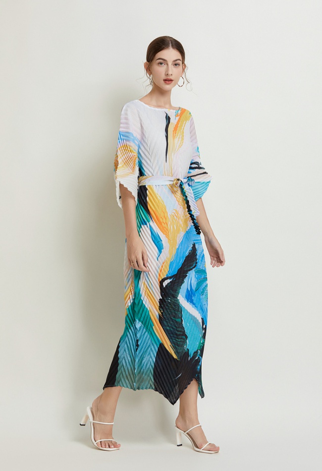 Temperament fold dress printing summer long dress