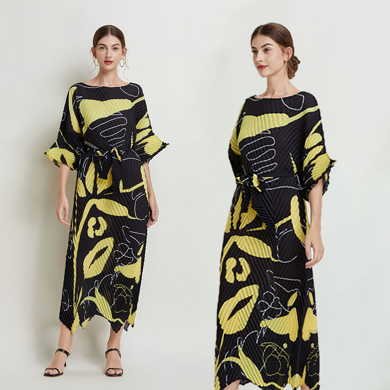 Printing temperament dress Pleats Please long dress