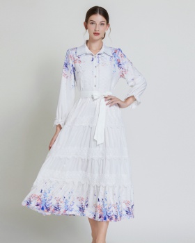 Long lapel Bohemian style lace pinched waist fashion dress