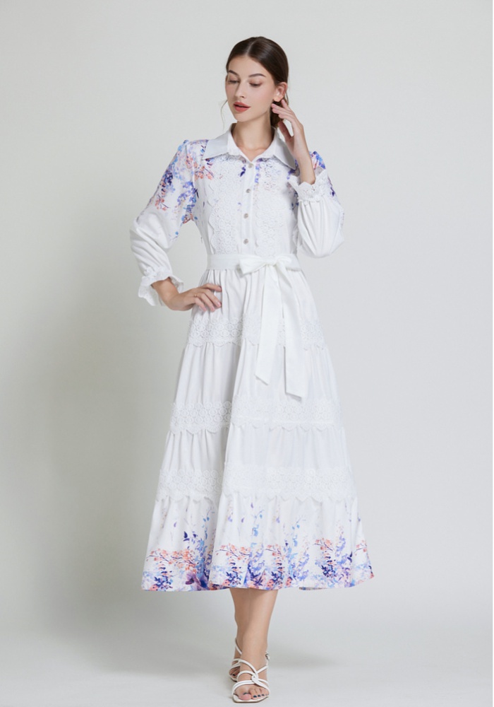 Long lapel Bohemian style lace pinched waist fashion dress