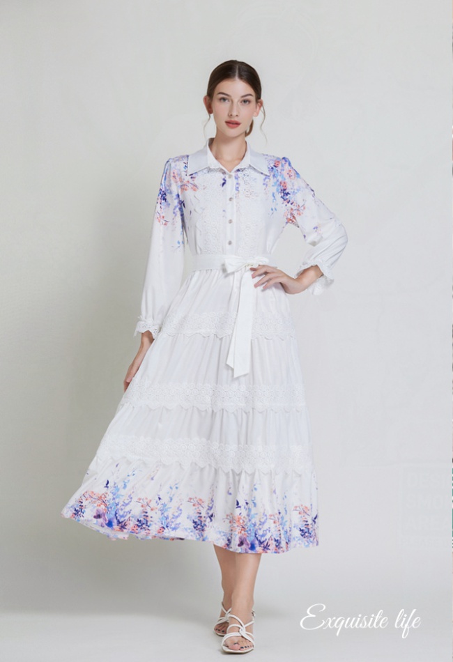 Long lapel Bohemian style lace pinched waist fashion dress