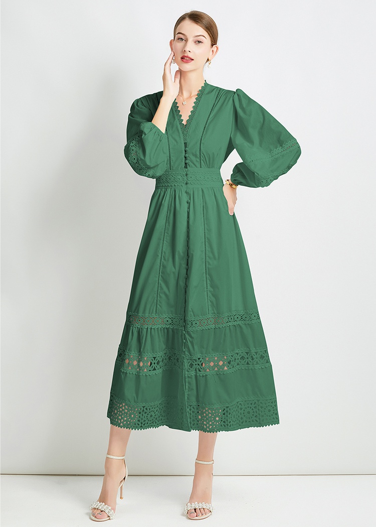 Temperament V-neck pinched waist lace long sleeve dress