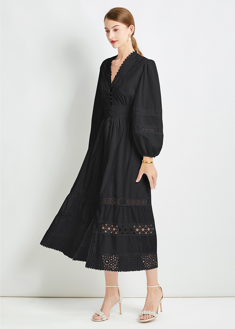 Temperament V-neck pinched waist lace long sleeve dress