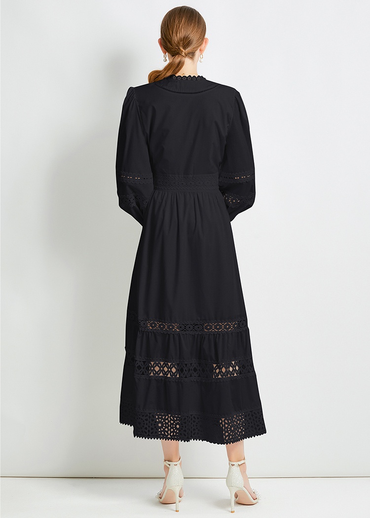 Temperament V-neck pinched waist lace long sleeve dress