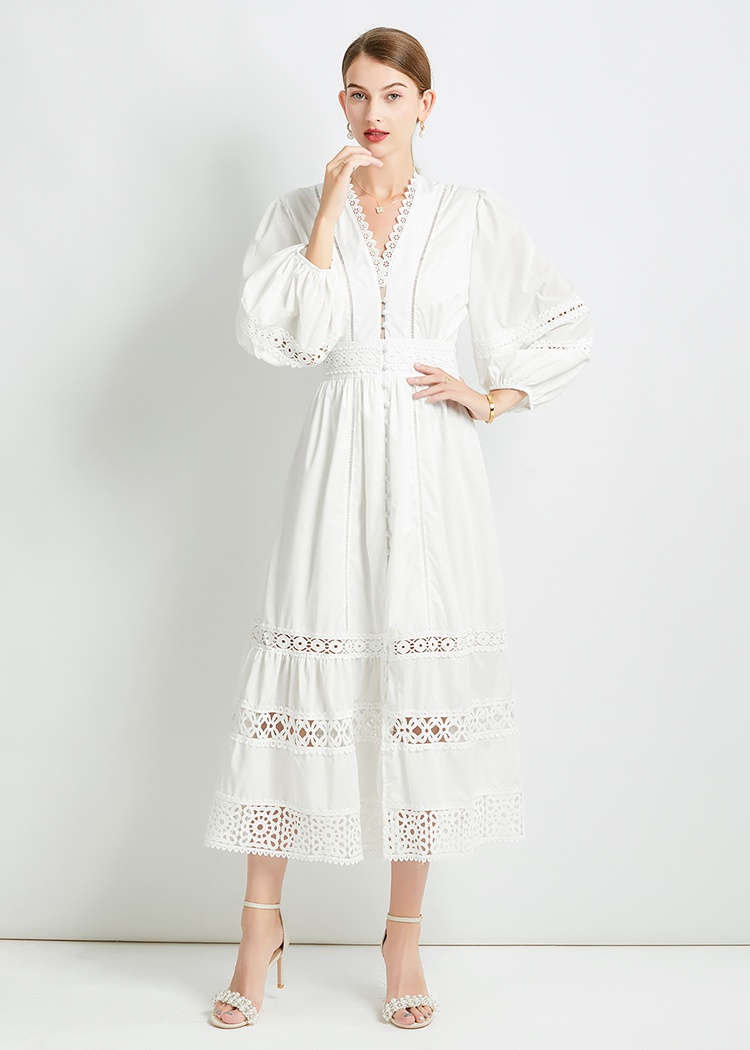 Temperament V-neck pinched waist lace long sleeve dress