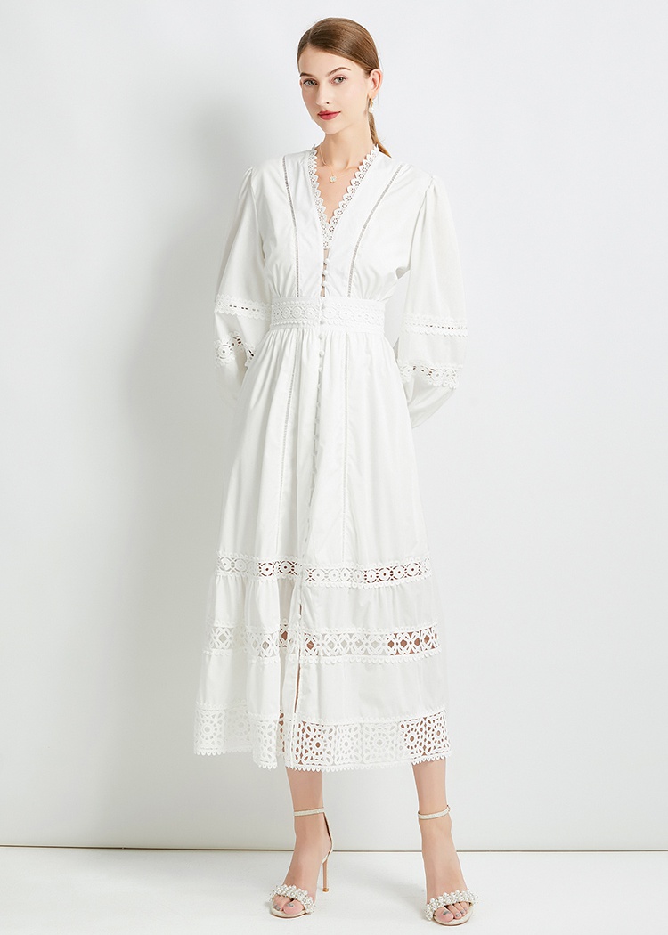 Temperament V-neck pinched waist lace long sleeve dress