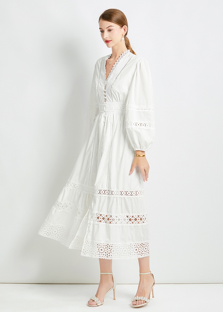 Temperament V-neck pinched waist lace long sleeve dress