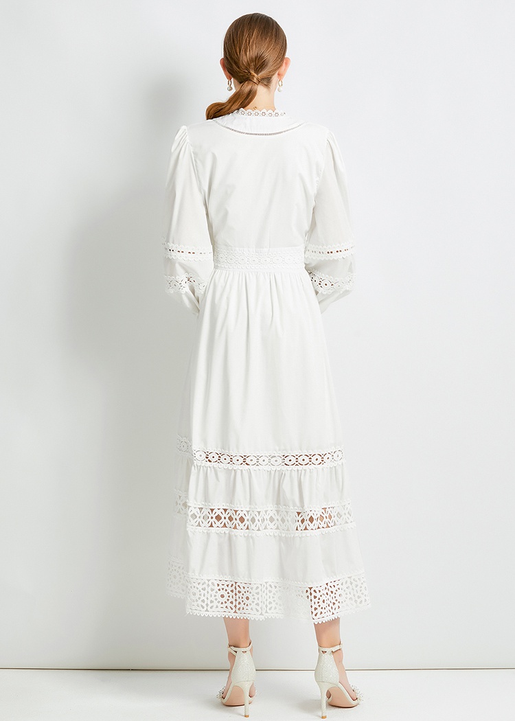 Temperament V-neck pinched waist lace long sleeve dress