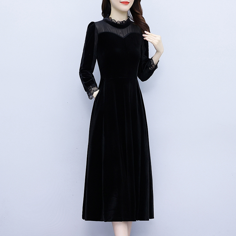 Autumn temperament long sleeve lotus leaf collar pocket dress