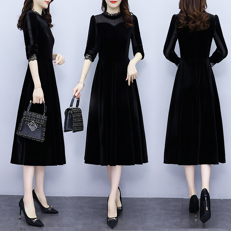 Autumn temperament long sleeve lotus leaf collar pocket dress