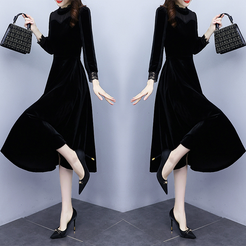 Autumn temperament long sleeve lotus leaf collar pocket dress